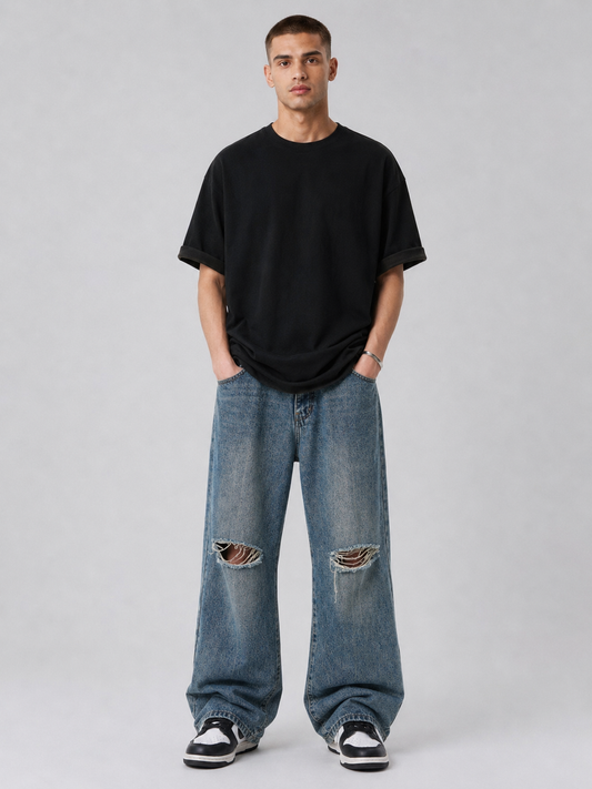 Blue Double-Waist Skateboard Pants