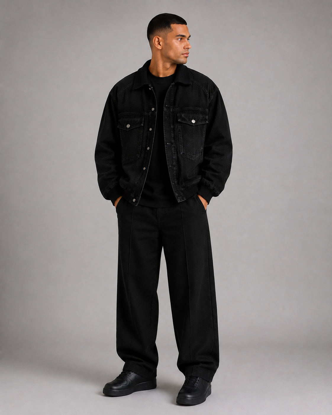Men’s Denim Bomber Jacket with Ribbed Collar, Cuffs & Hem