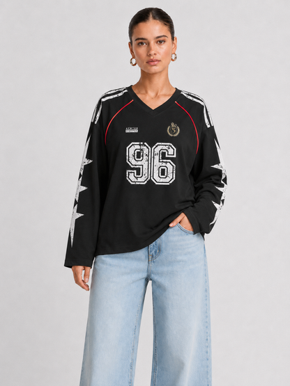 Printed V-Neck Pullover Sweatshirt